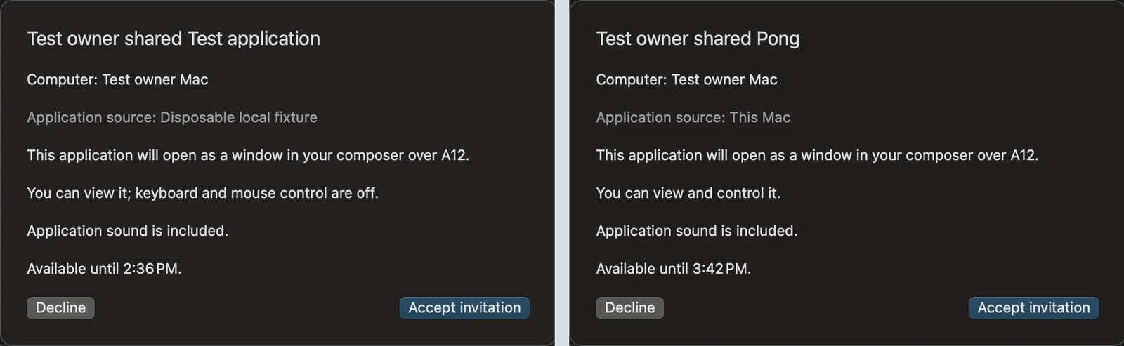 Two share invitations side by side. The left is view only. The right includes keyboard and mouse.