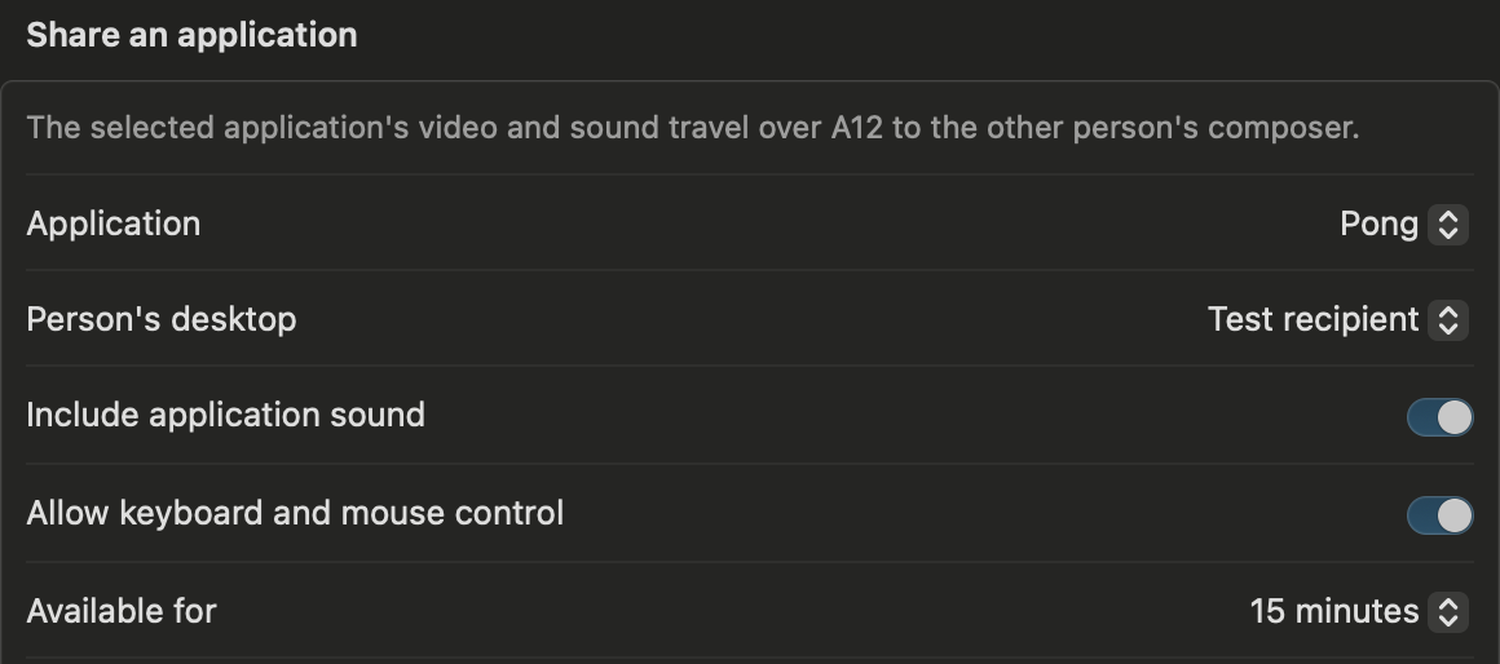 Share sheet with application, recipient desktop, sound, keyboard and mouse, and a fifteen-minute limit