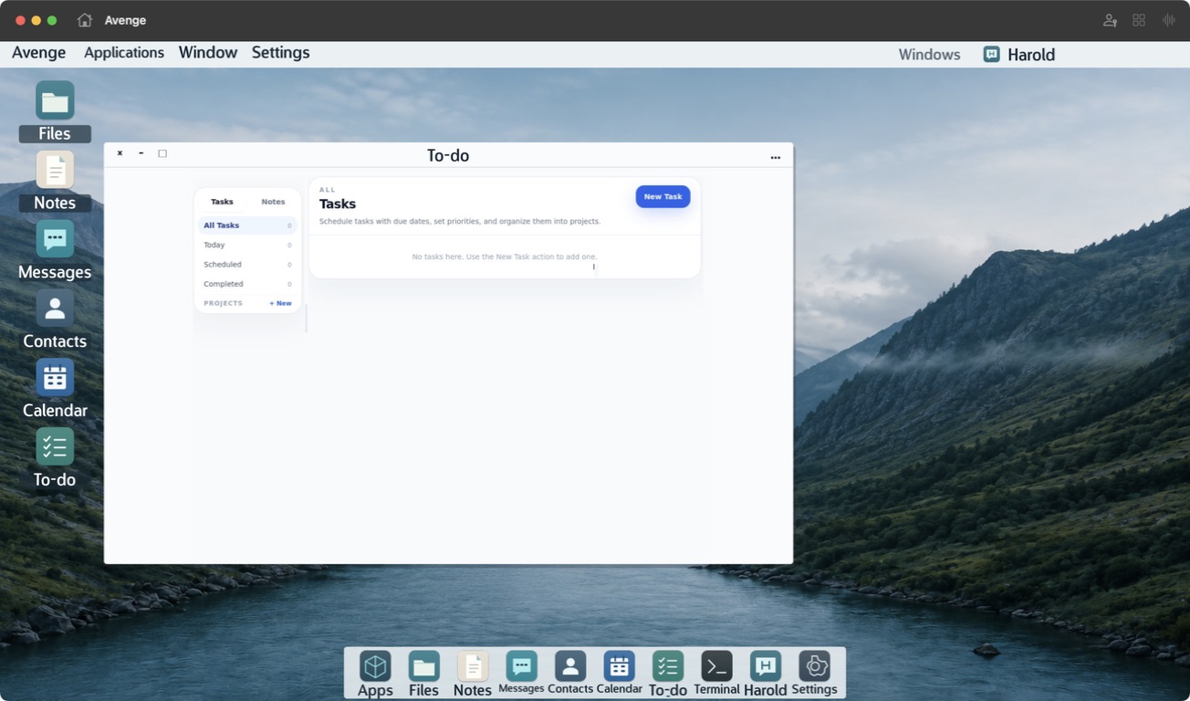 Avenge desktop showing the working view: files, notes, messages, and a to-do window on the local screen