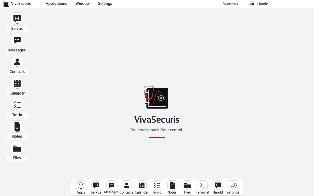 Avenge workspace: a clinician’s desktop and app dock delivered to the screen as a session while the record stays where it runs.