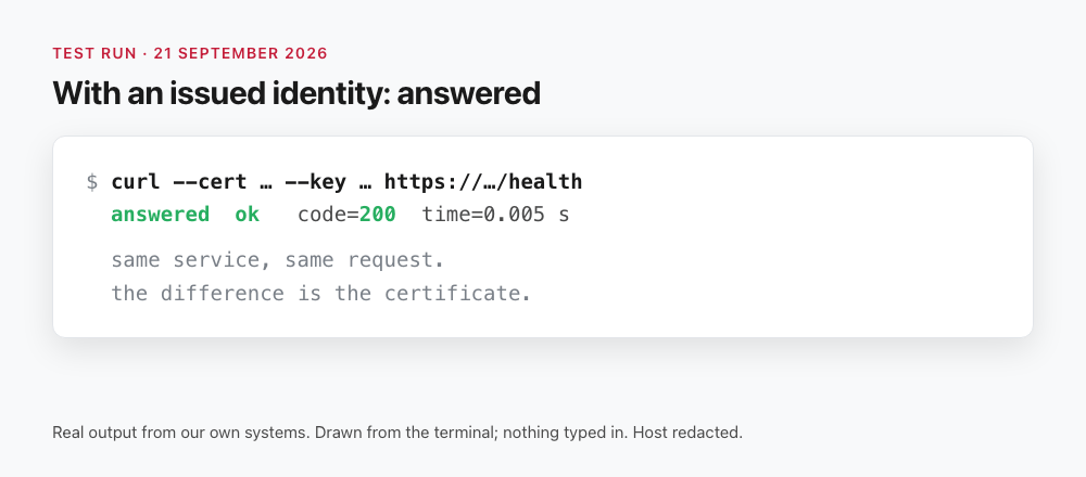 Terminal output: the same request with an issued certificate is answered with code 200