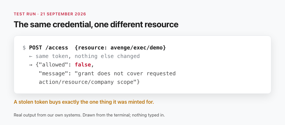 Terminal output: the same token used for a different resource returns allowed false, grant does not cover requested action, resource, or scope